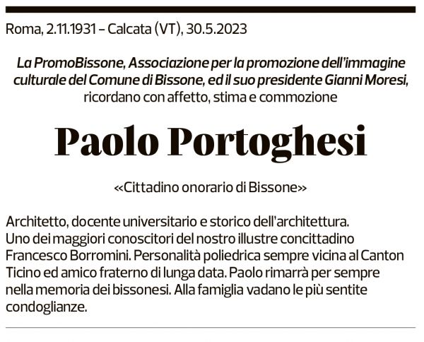 Annuncio funebre Paolo Portoghesi