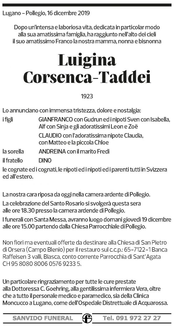 Annuncio funebre Luigina Corsenca-taddei