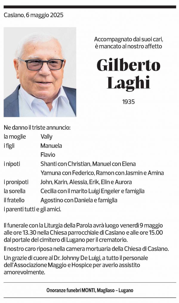 Annuncio funebre Gilberto Laghi