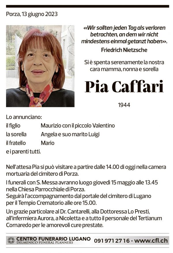 Annuncio funebre Pia Caffari