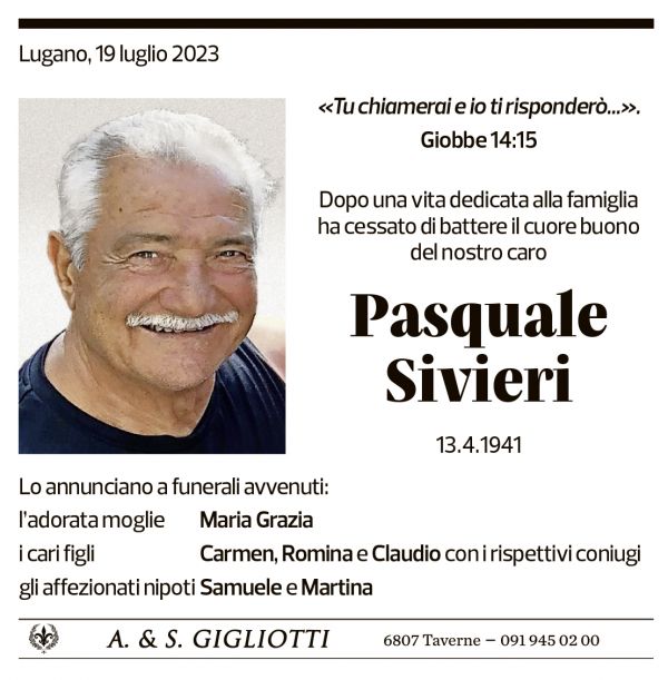 Annuncio funebre Pasquale Sivieri