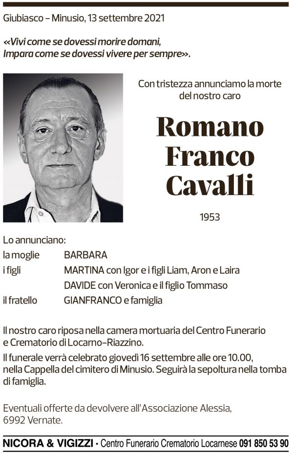 Annuncio funebre Romano Franco Cavalli