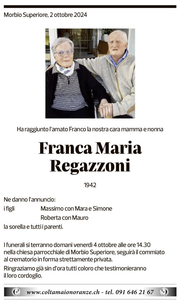 Annuncio funebre Franca Maria Regazzoni