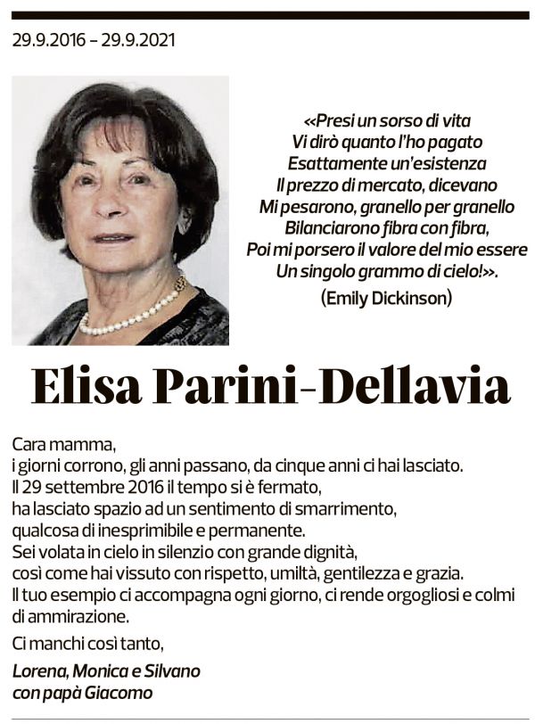 Annuncio funebre Elisa Parini-dellavia