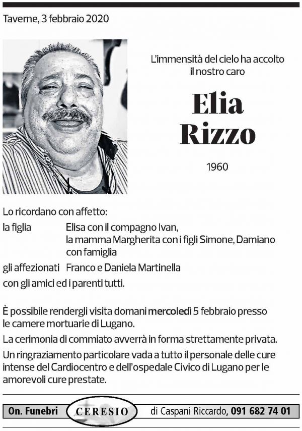Annuncio funebre Elia Rizzo