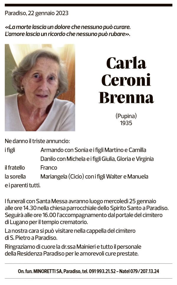 Annuncio funebre Carla Ceroni Brenna