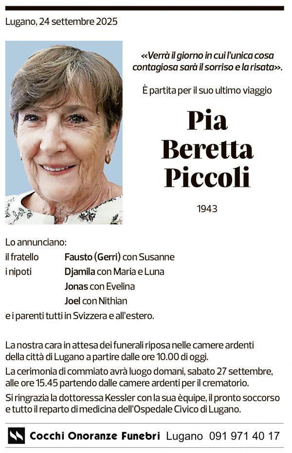Annuncio funebre Pia Beretta Piccolki