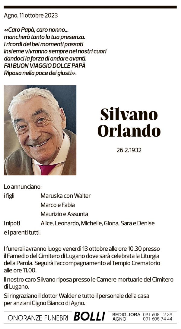 Annuncio funebre Silvano Orlando