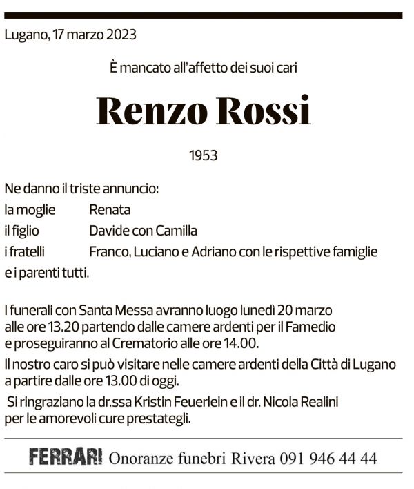 Annuncio funebre Renzo Rossi