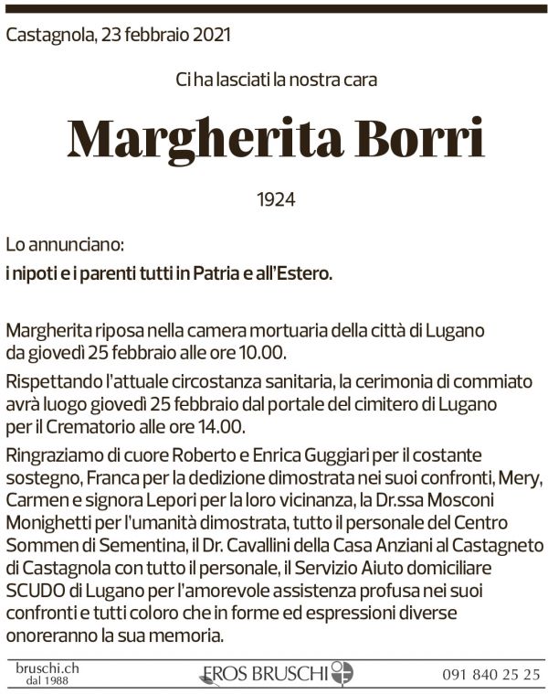 Annuncio funebre Margherita Borri