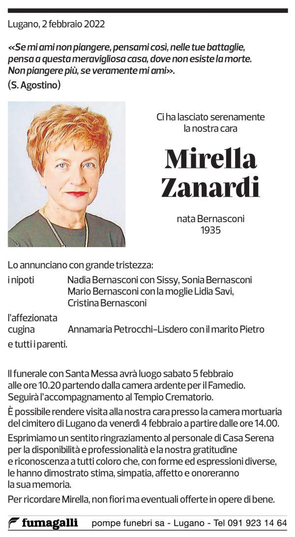 Annuncio funebre Mirella Zanardi