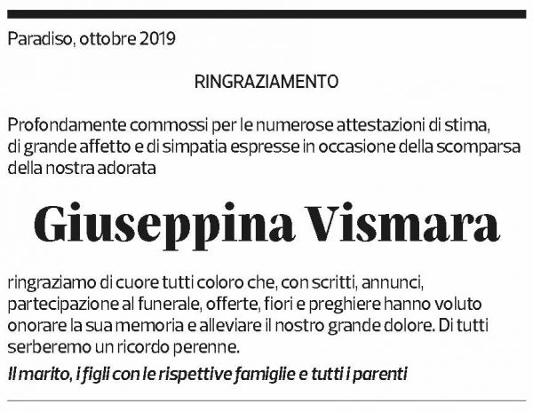 Annuncio funebre Giuseppina Vismara