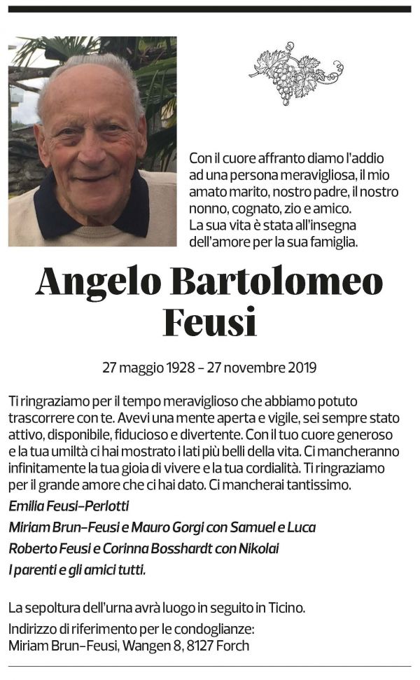 Annuncio funebre Angelo Bartolomeo Feusi
