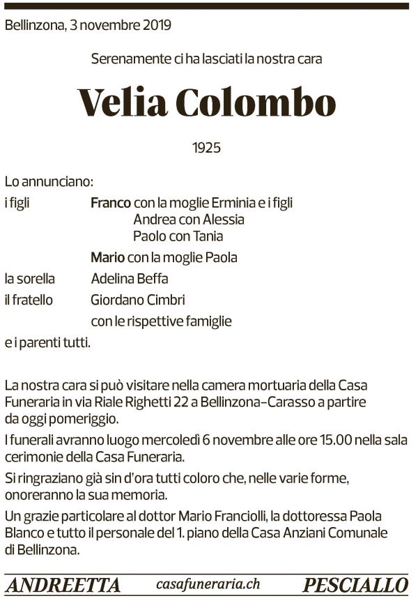 Annuncio funebre Velia Colombo