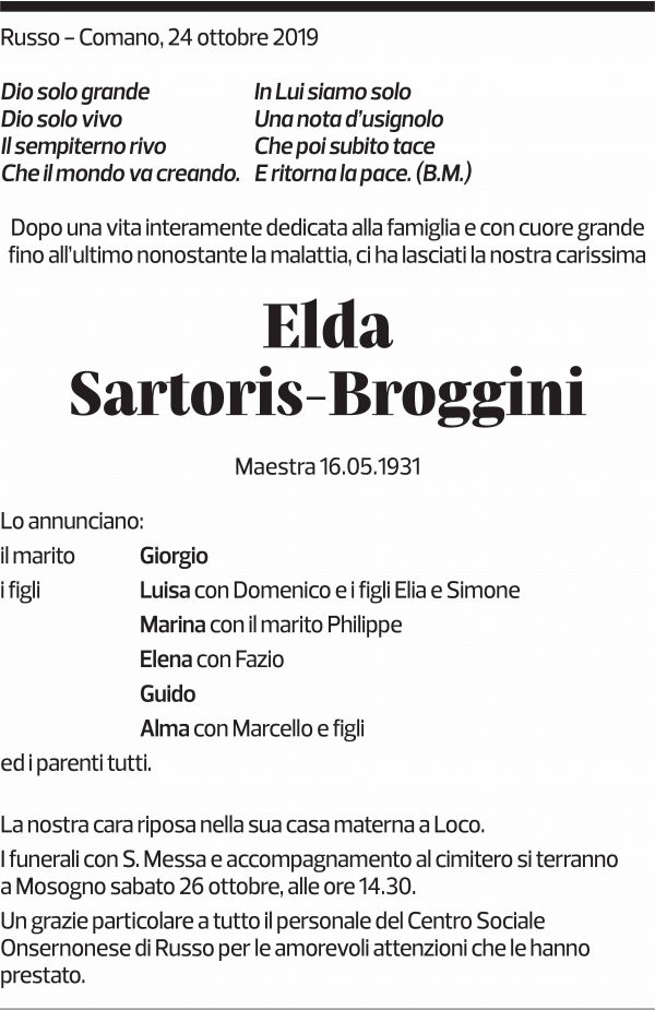 Annuncio funebre Elda Sartoris-broggini