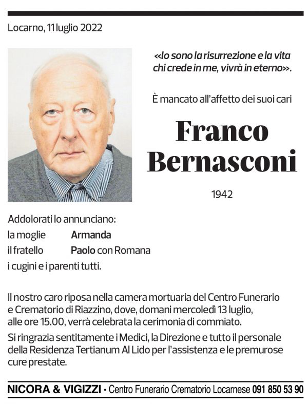 Annuncio funebre Franco Bernasconi