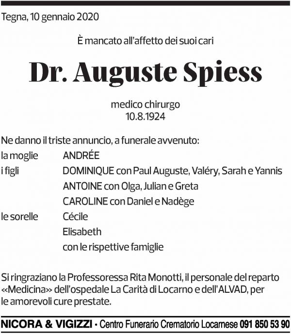 Annuncio funebre Auguste Spiess