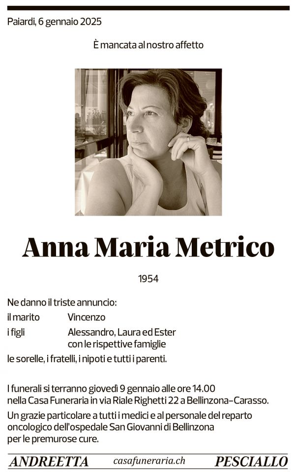 Annuncio funebre Anna Maria Metrico