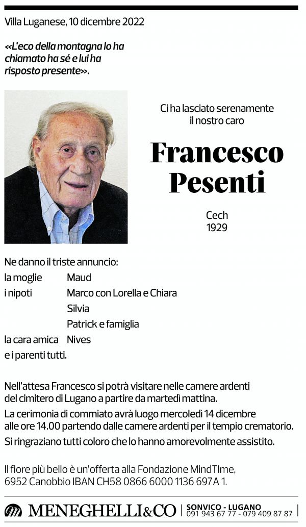 Annuncio funebre Francesco Pesenti