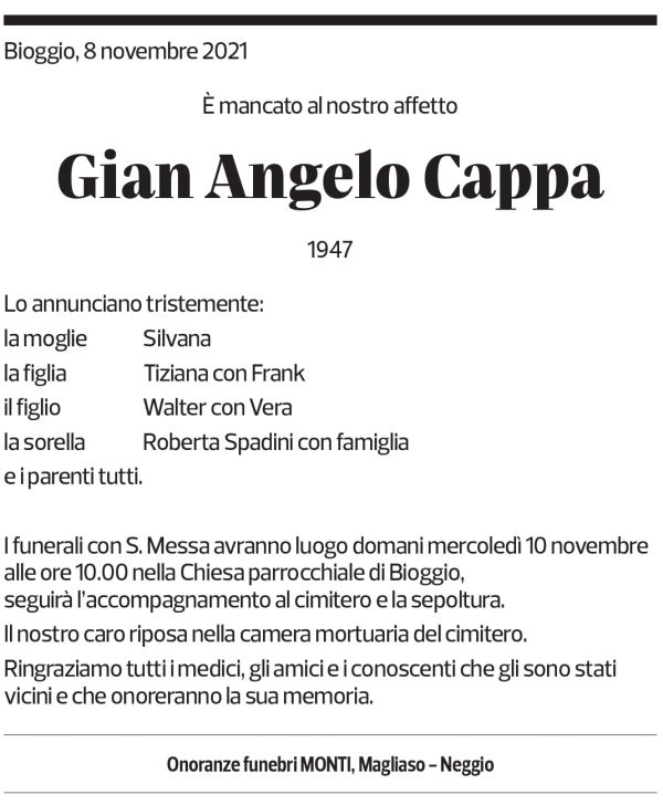 Annuncio funebre Gian Angelo Cappa