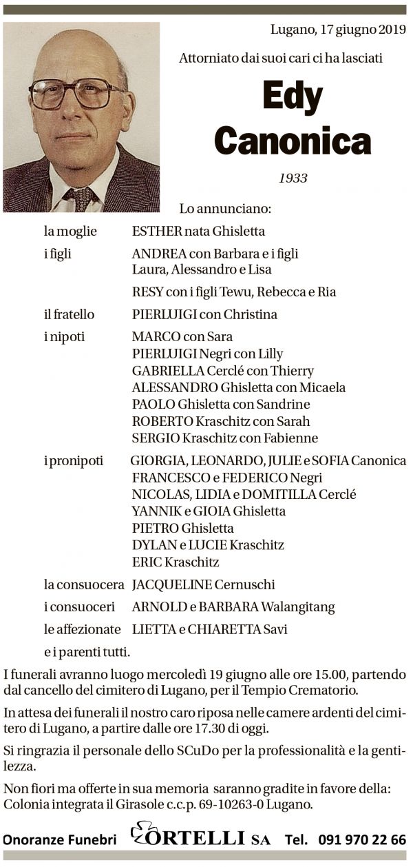 Annuncio funebre Edy Canonica