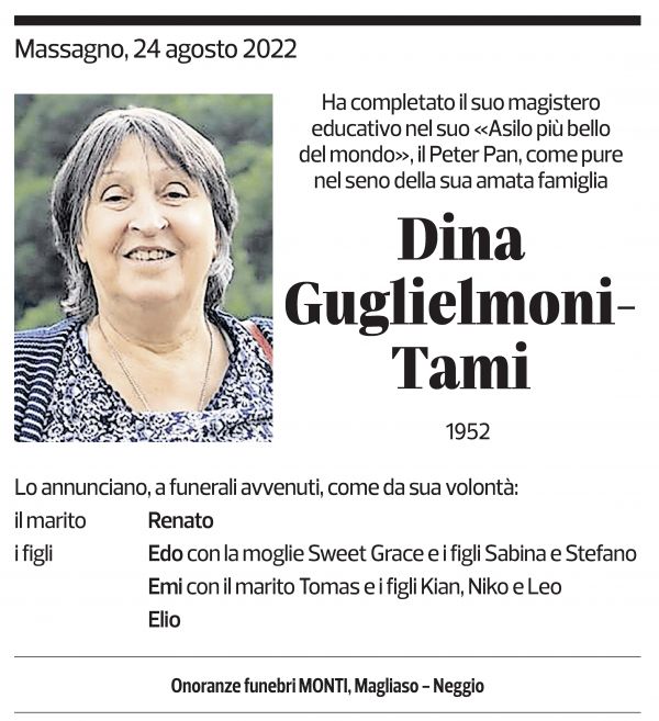 Annuncio funebre Dina Guglielmoni-tami