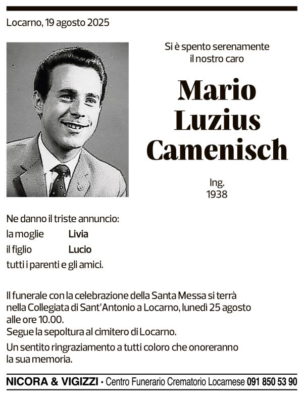 Annuncio funebre Mario Luzius Camenisch