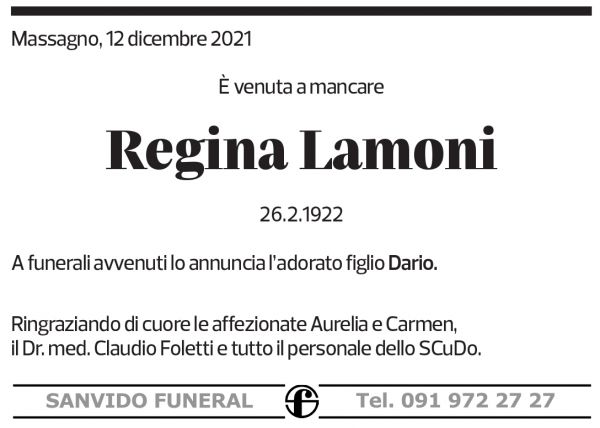 Annuncio funebre Regina Lamoni