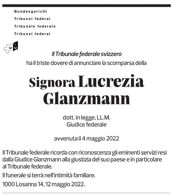 Annuncio funebre Lucrezia Glanzmann