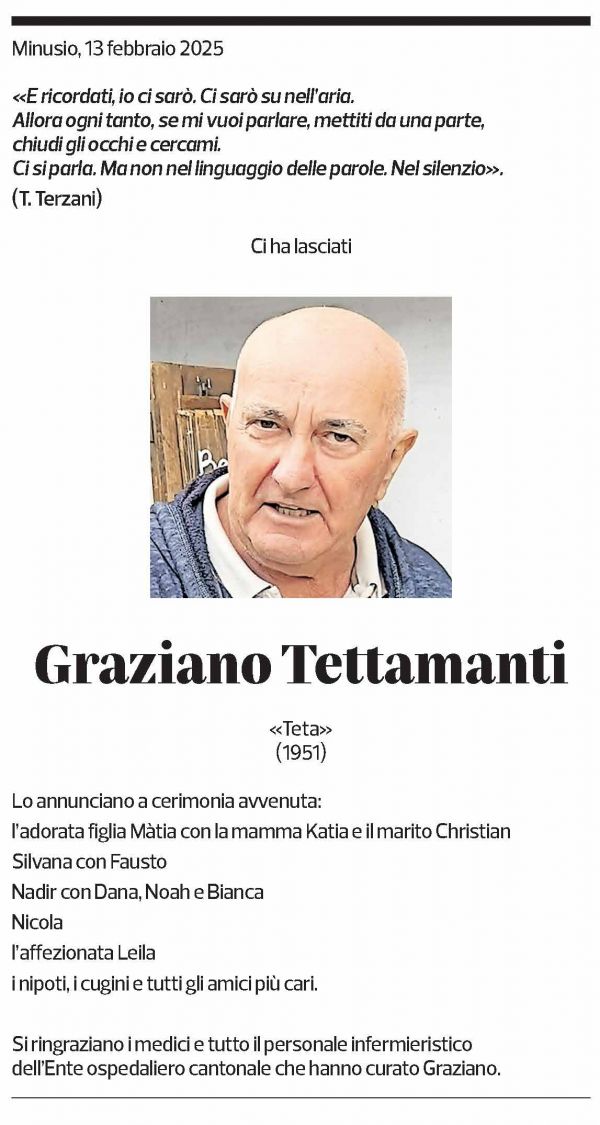 Annuncio funebre Graziano Tettamanti