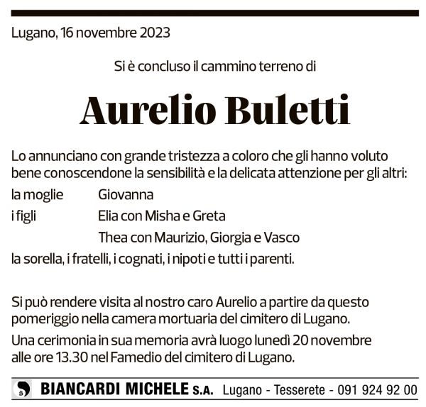 Annuncio funebre Aurelio Buletti