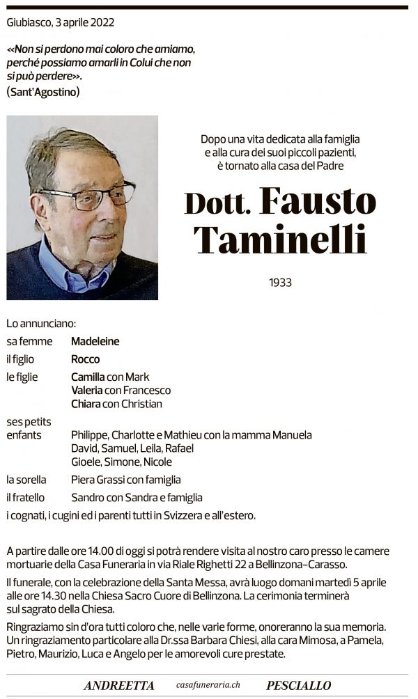 Annuncio funebre Fausto Taminelli