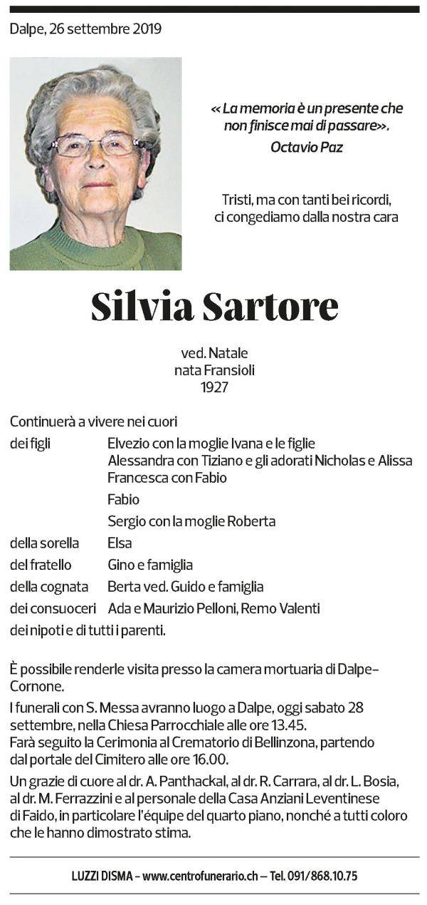 Annuncio funebre Silvia Sartore