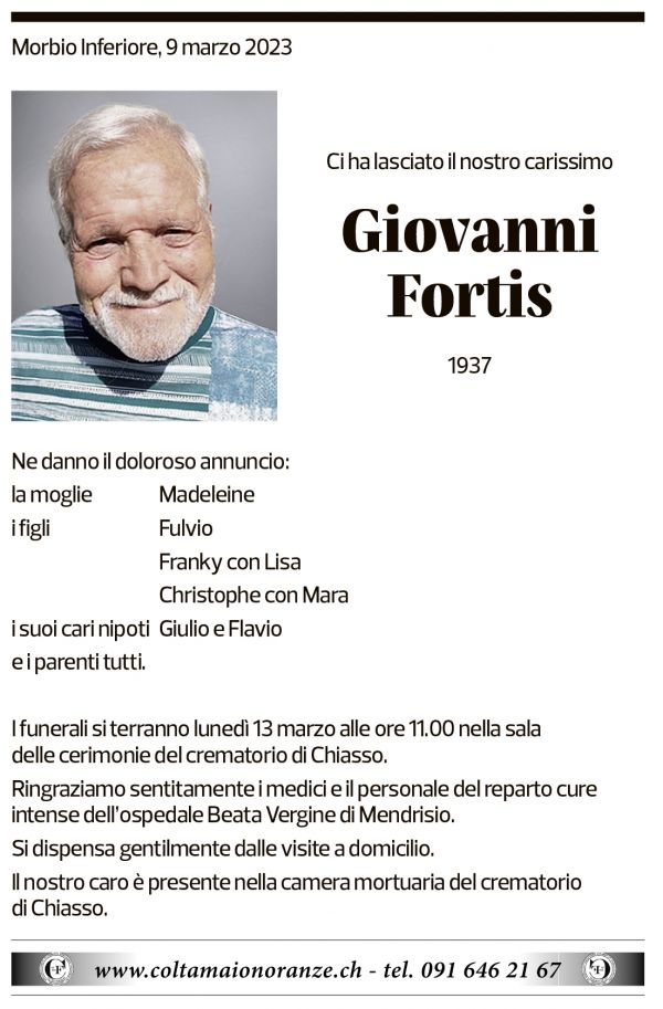 Annuncio funebre Giovanni Fortis