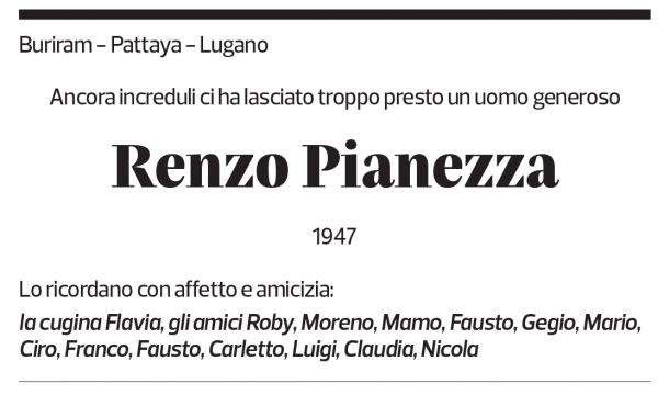 Annuncio funebre Renzo Pianezza