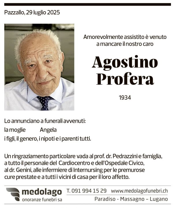 Annuncio funebre Agostino Profera