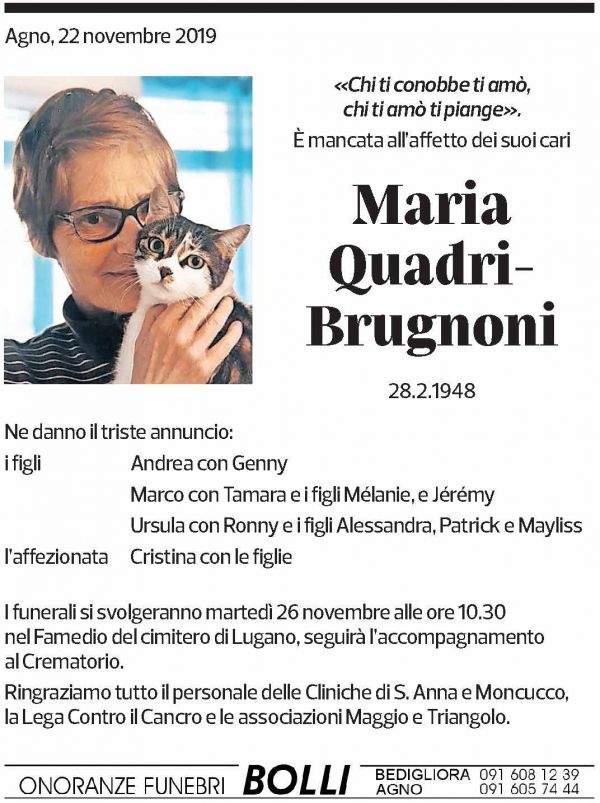 Annuncio funebre Maria Quadri-brugnoni