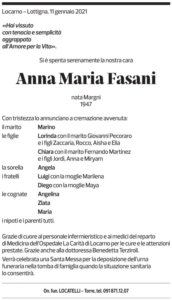 Annuncio funebre Anna Maria Fasani