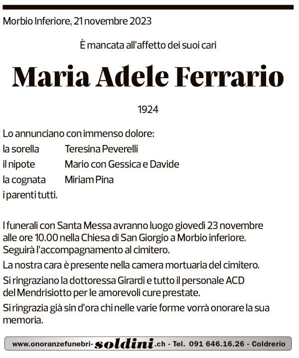 Annuncio funebre Maria Adele Ferrario