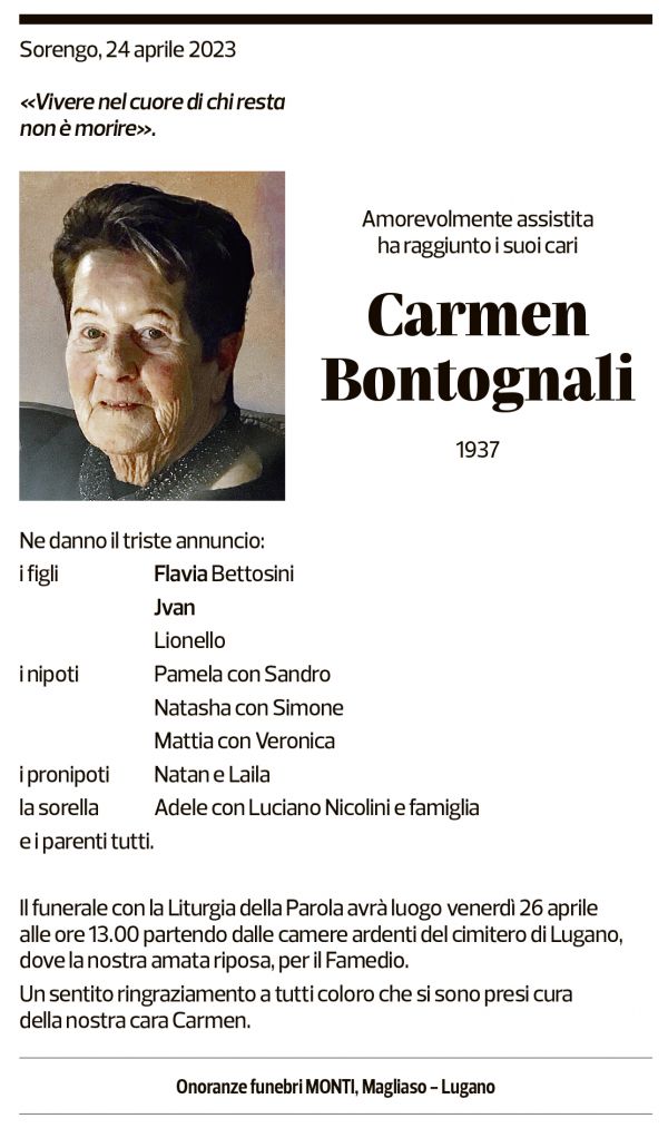 Annuncio funebre Carmen Bontognali