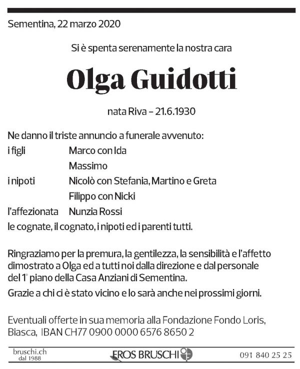 Annuncio funebre Olga Guidotti