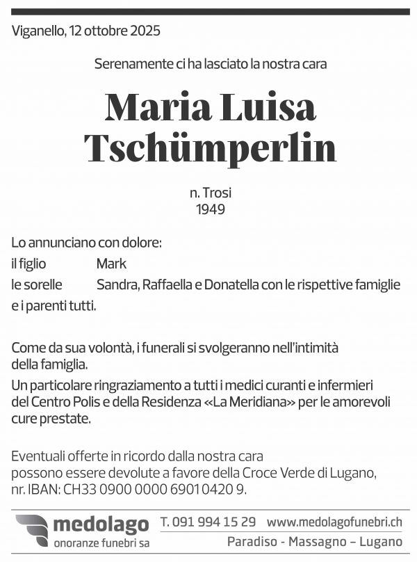 Annuncio funebre Maria Luisa Tschümperlin