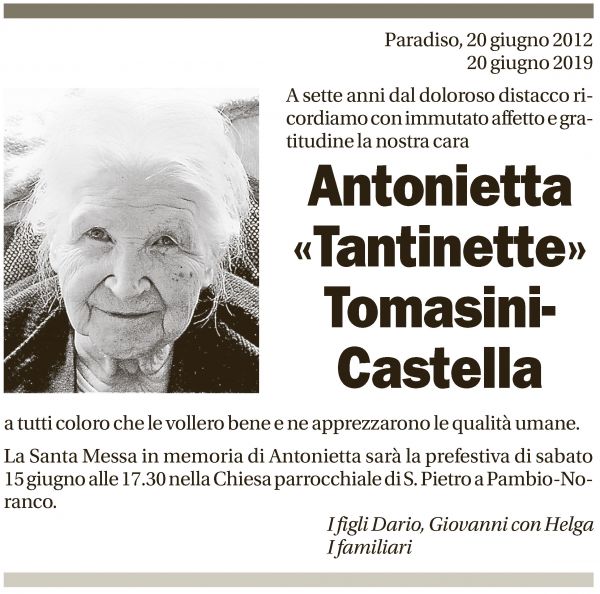 Annuncio funebre Antonietta Tomasini-castella