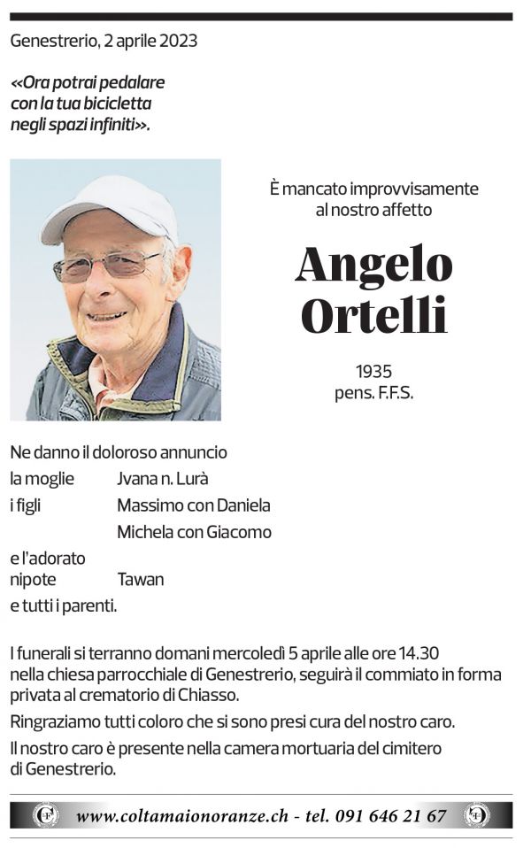 Annuncio funebre Angelo Ortelli