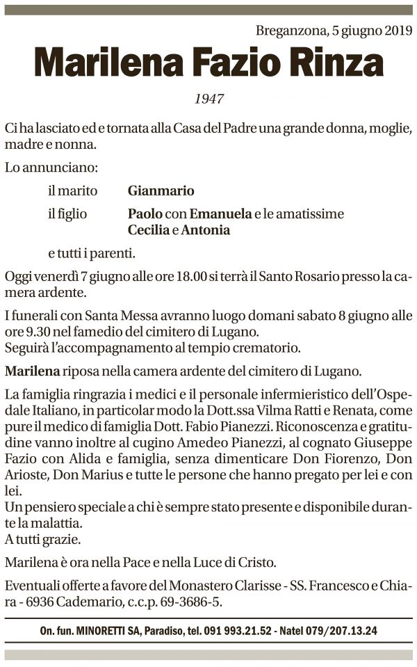 Annuncio funebre Marilena Fazio Rinza
