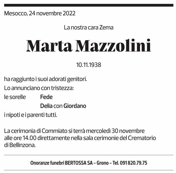 Annuncio funebre Marta Mazzolini