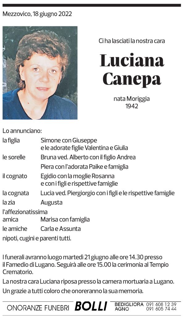 Annuncio funebre Luciana Canepa