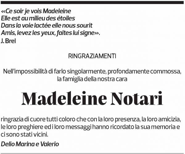 Annuncio funebre Madeleine Notari