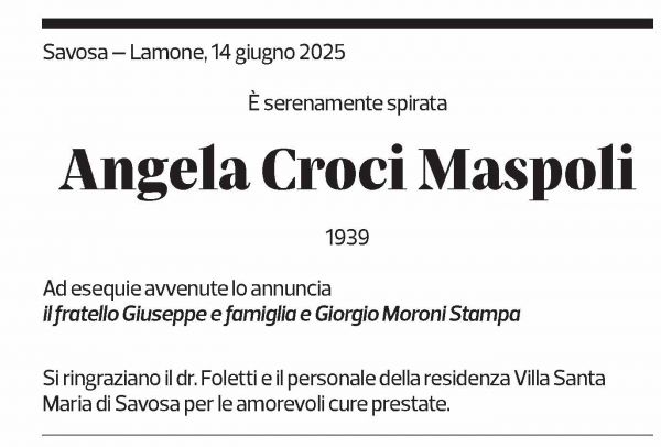 Annuncio funebre Angela Croci Maspoli