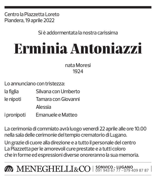 Annuncio funebre Erminia Antoniazzi